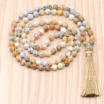 GMN116 Hand-Knotted Smooth Yellow Crazy Agate 108 Beads Mala Necklace