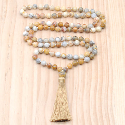 GMN116 Hand-Knotted Smooth Yellow Crazy Agate 108 Beads Mala Necklace