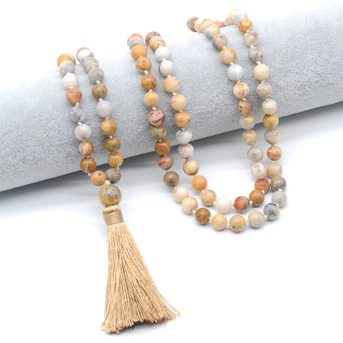 GMN116 Hand-Knotted Smooth Yellow Crazy Agate 108 Beads Mala Necklace