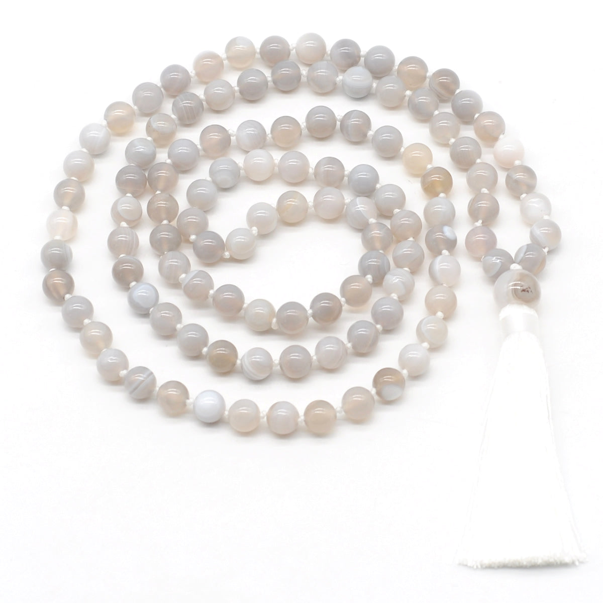 GMN117 Hand-Knotted Smooth Grey Banded Agate 108 Beads Mala Necklace