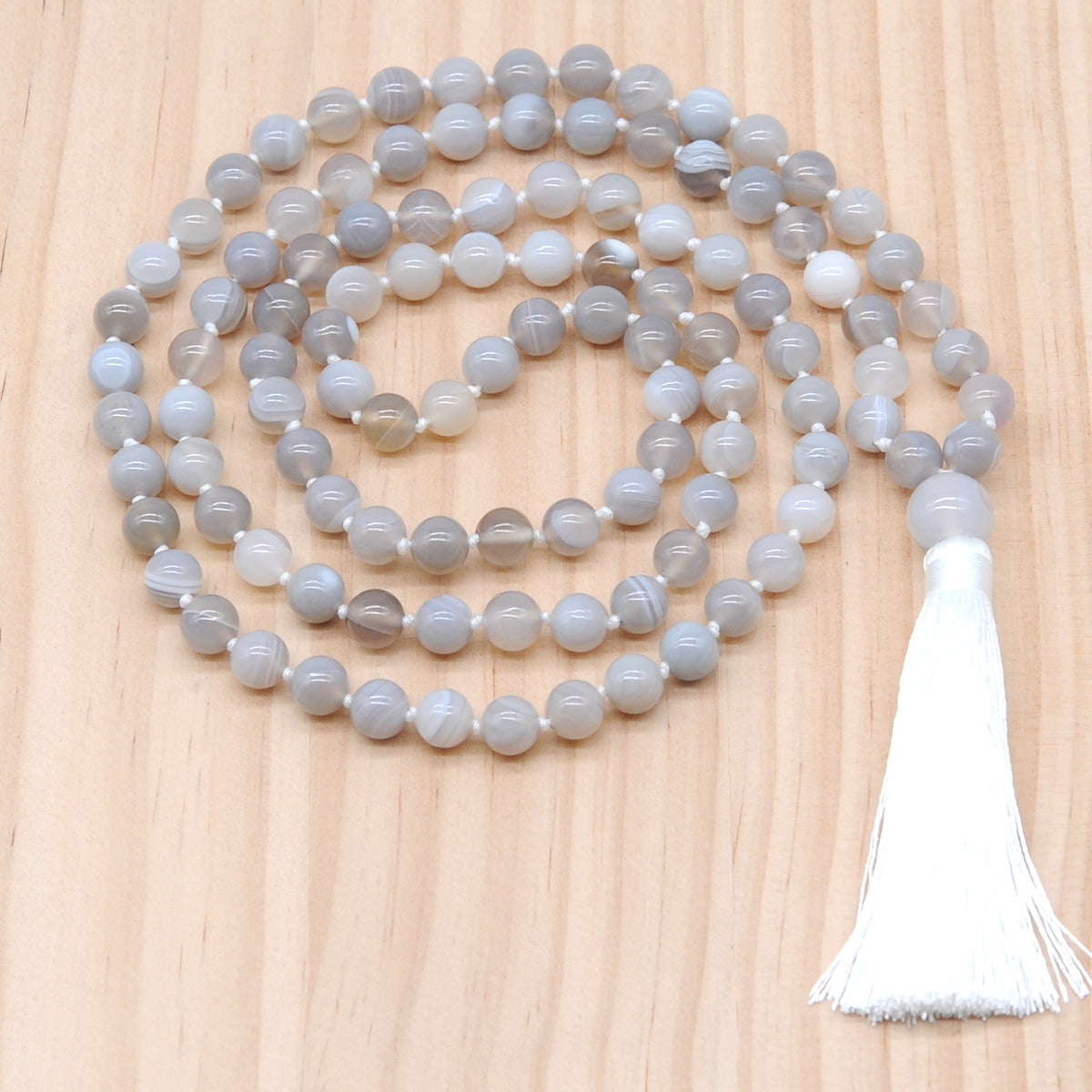 GMN117 Hand-Knotted Smooth Grey Banded Agate 108 Beads Mala Necklace