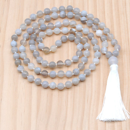 GMN117 Hand-Knotted Smooth Grey Banded Agate 108 Beads Mala Necklace