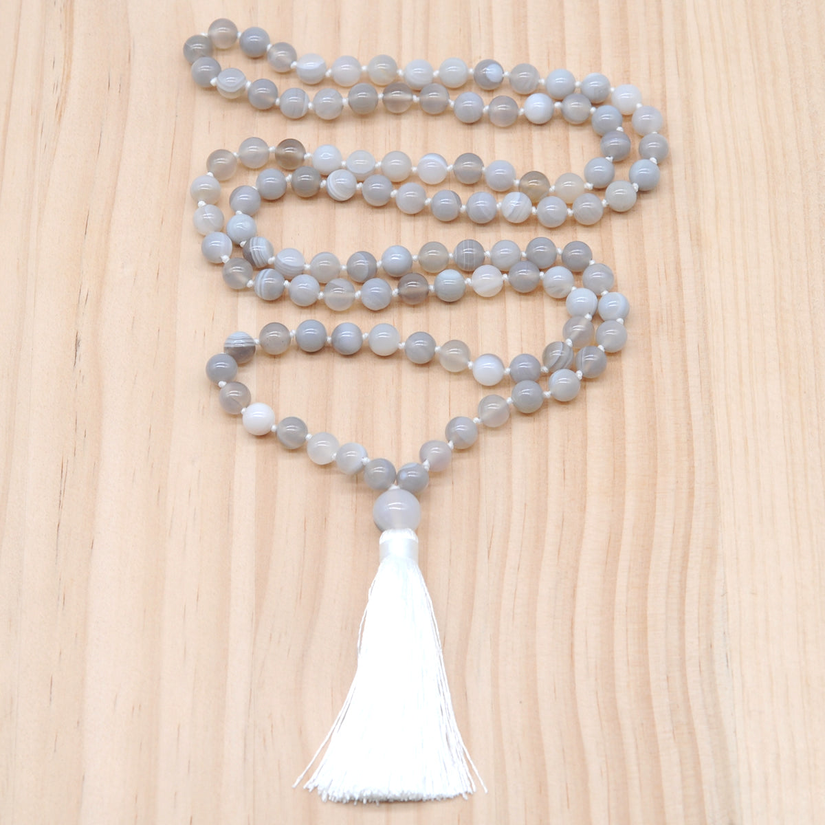 GMN117 Hand-Knotted Smooth Grey Banded Agate 108 Beads Mala Necklace