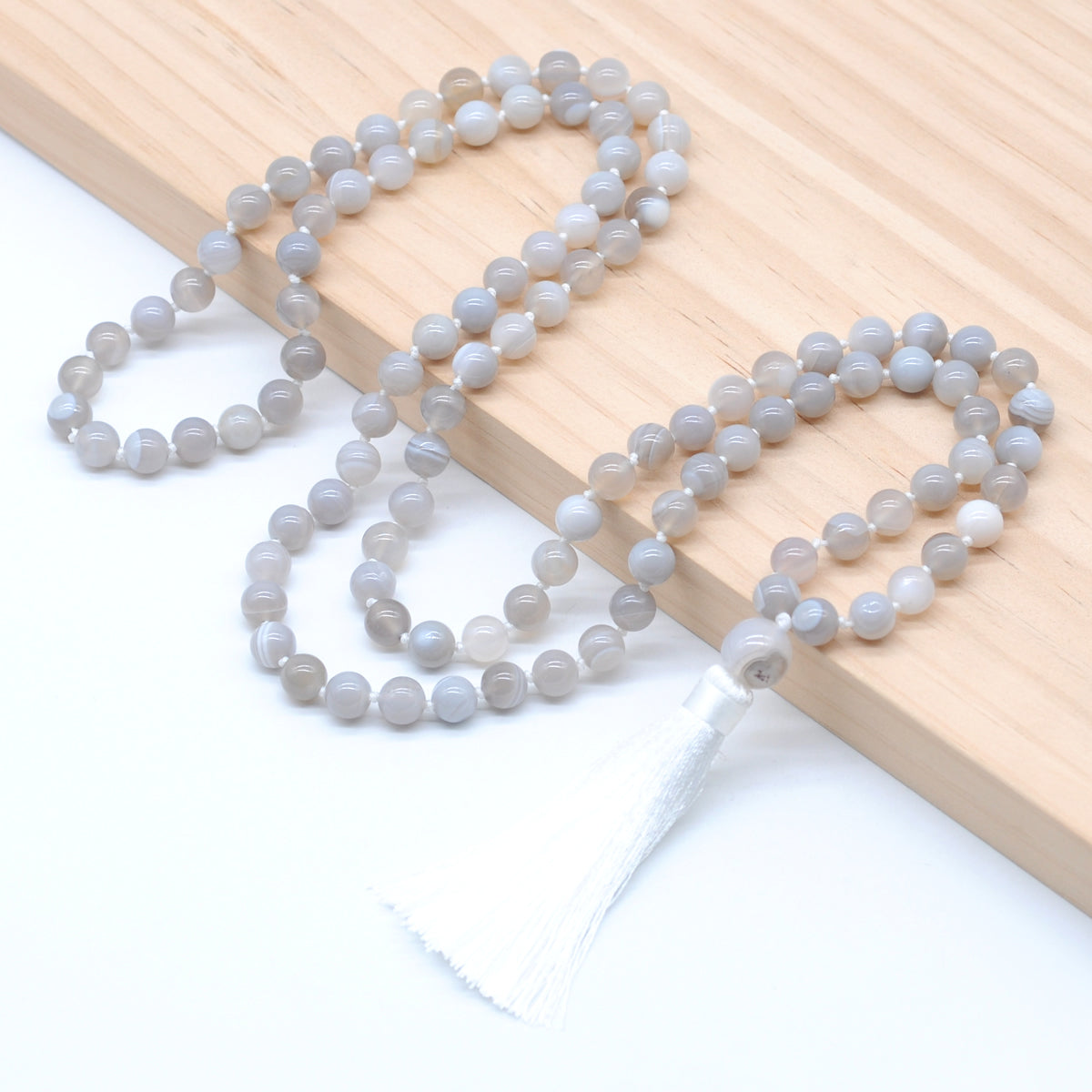 GMN117 Hand-Knotted Smooth Grey Banded Agate 108 Beads Mala Necklace