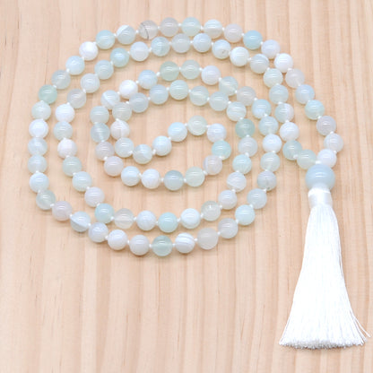 GMN118 Hand-Knotted Smooth Sea Blue Banded Agate 108 Beads Mala Necklace