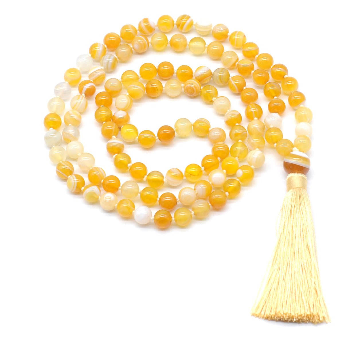 GMN119 Hand-Knotted Smooth Yellow Banded Agate 108 Beads Mala Necklace