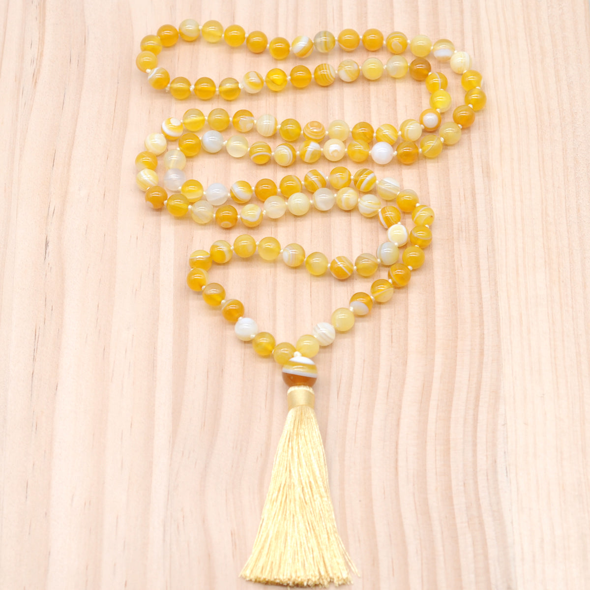 GMN119 Hand-Knotted Smooth Yellow Banded Agate 108 Beads Mala Necklace