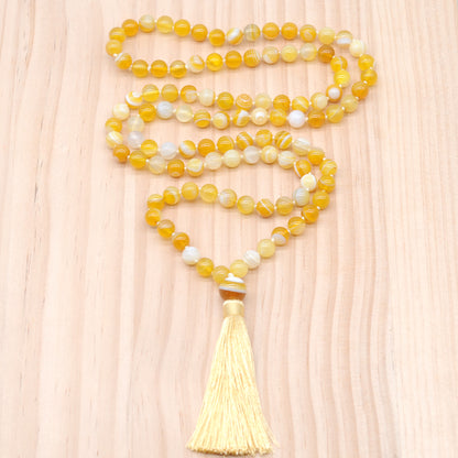 GMN119 Hand-Knotted Smooth Yellow Banded Agate 108 Beads Mala Necklace