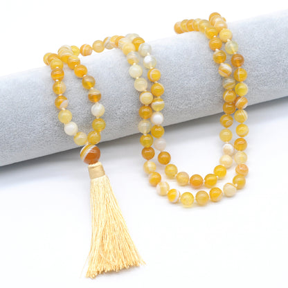 GMN119 Hand-Knotted Smooth Yellow Banded Agate 108 Beads Mala Necklace