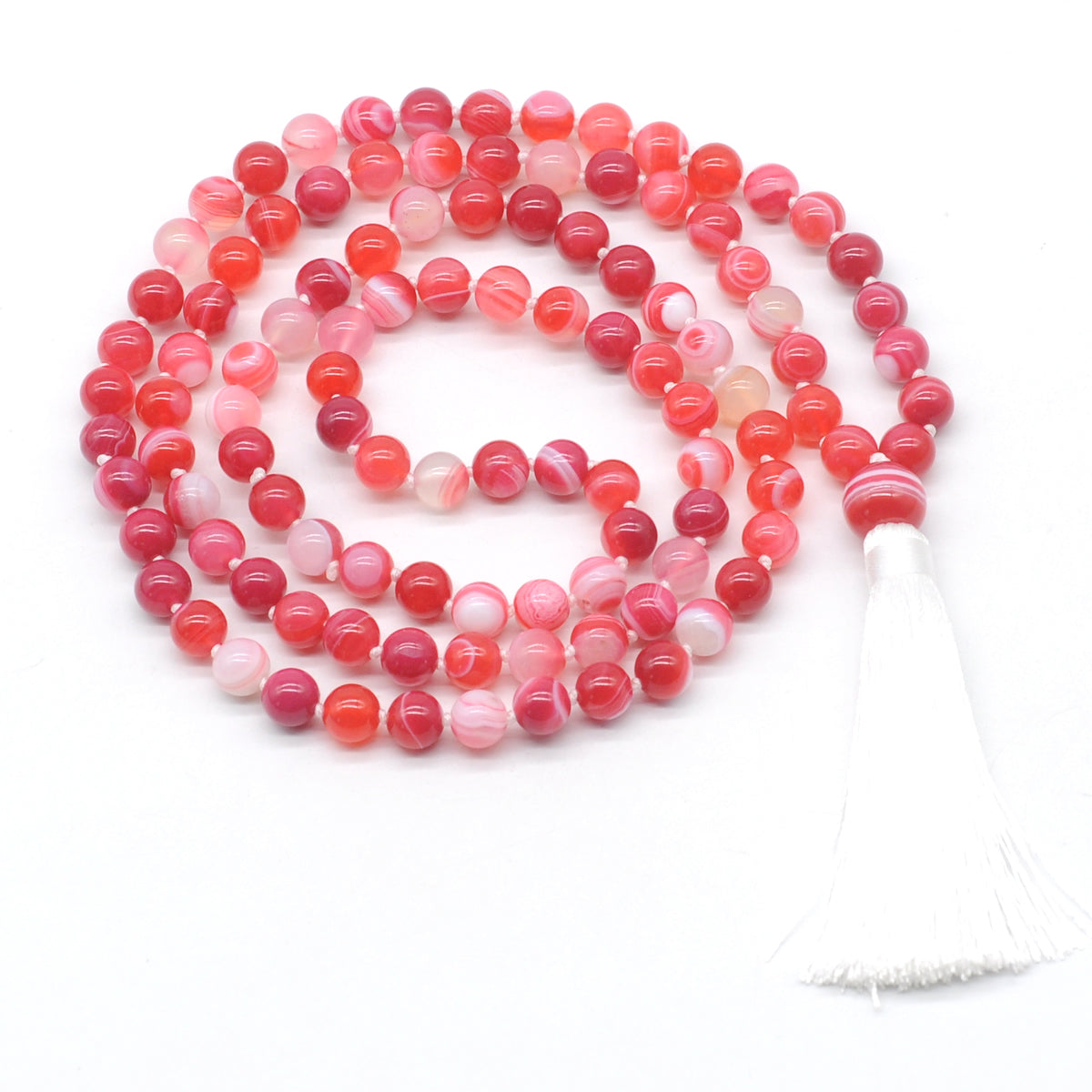 GMN120 Hand-Knotted Smooth Red Banded Agate 108 Beads Mala Necklace