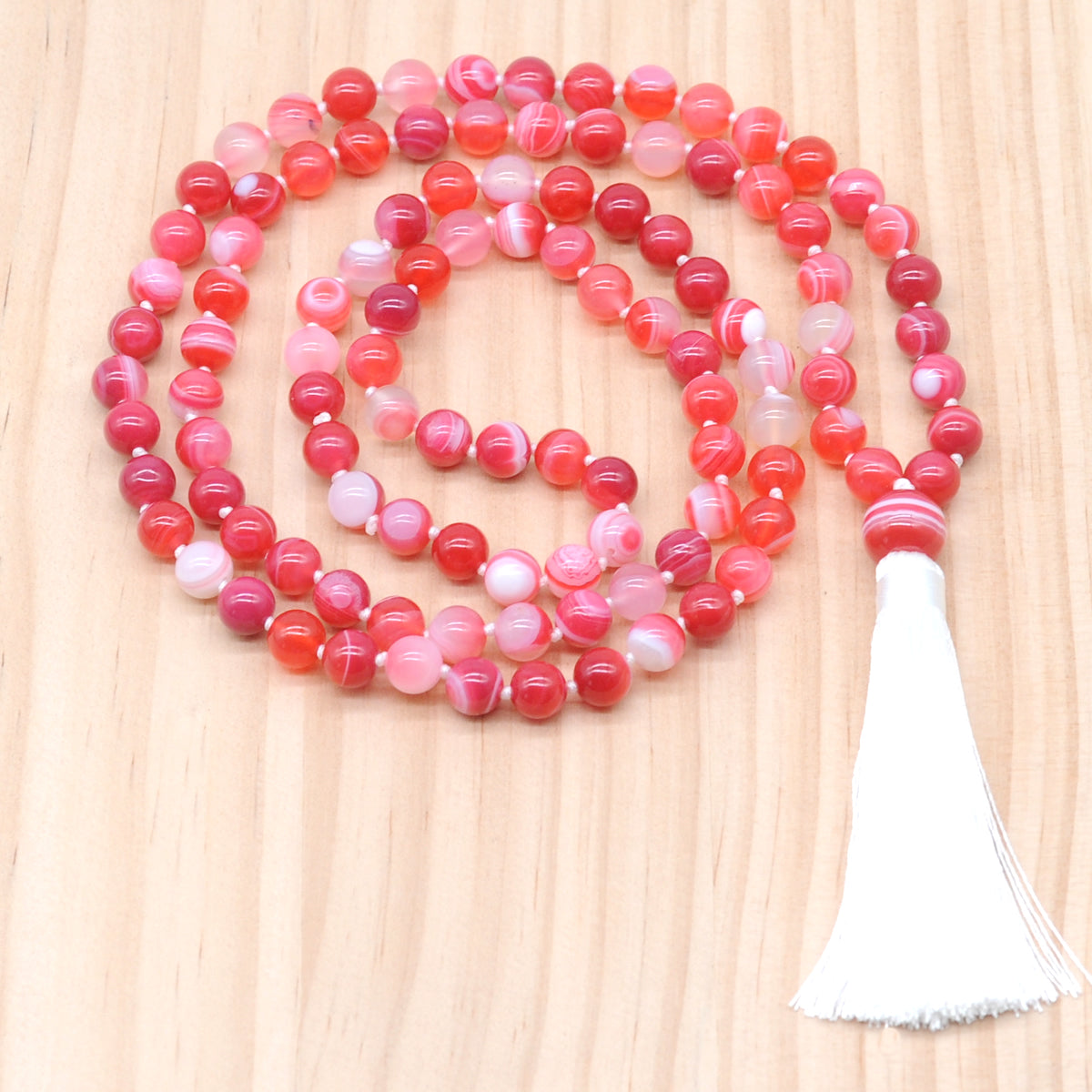 GMN120 Hand-Knotted Smooth Red Banded Agate 108 Beads Mala Necklace