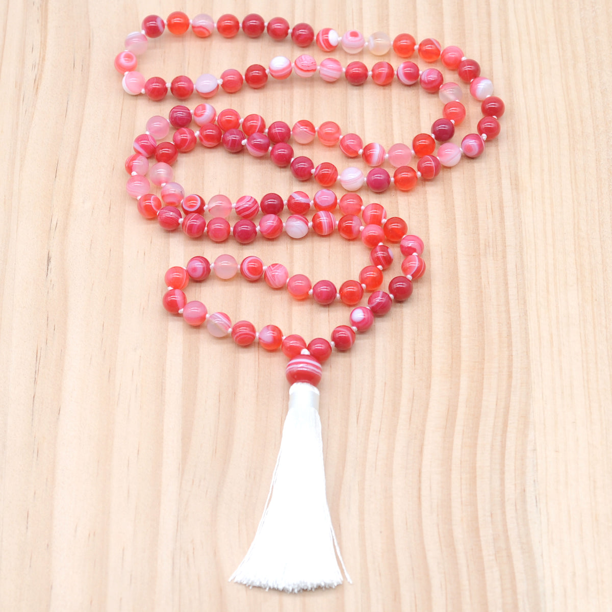 GMN120 Hand-Knotted Smooth Red Banded Agate 108 Beads Mala Necklace