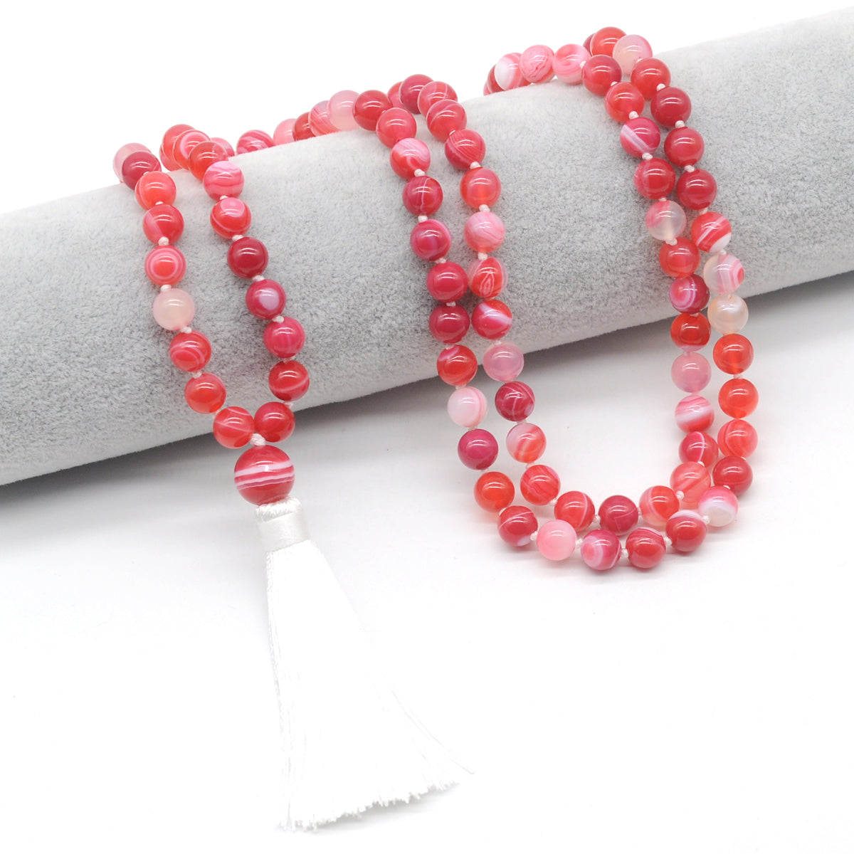 GMN120 Hand-Knotted Smooth Red Banded Agate 108 Beads Mala Necklace