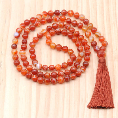 GMN121 Hand-Knotted Smooth Red Banded Agate 108 Beads Mala Necklace