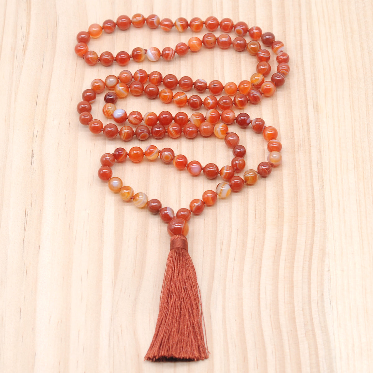 GMN121 Hand-Knotted Smooth Red Banded Agate 108 Beads Mala Necklace