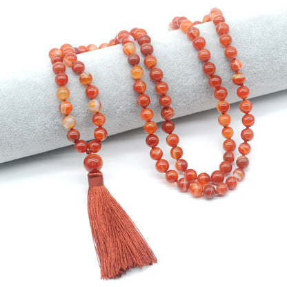 GMN121 Hand-Knotted Smooth Red Banded Agate 108 Beads Mala Necklace