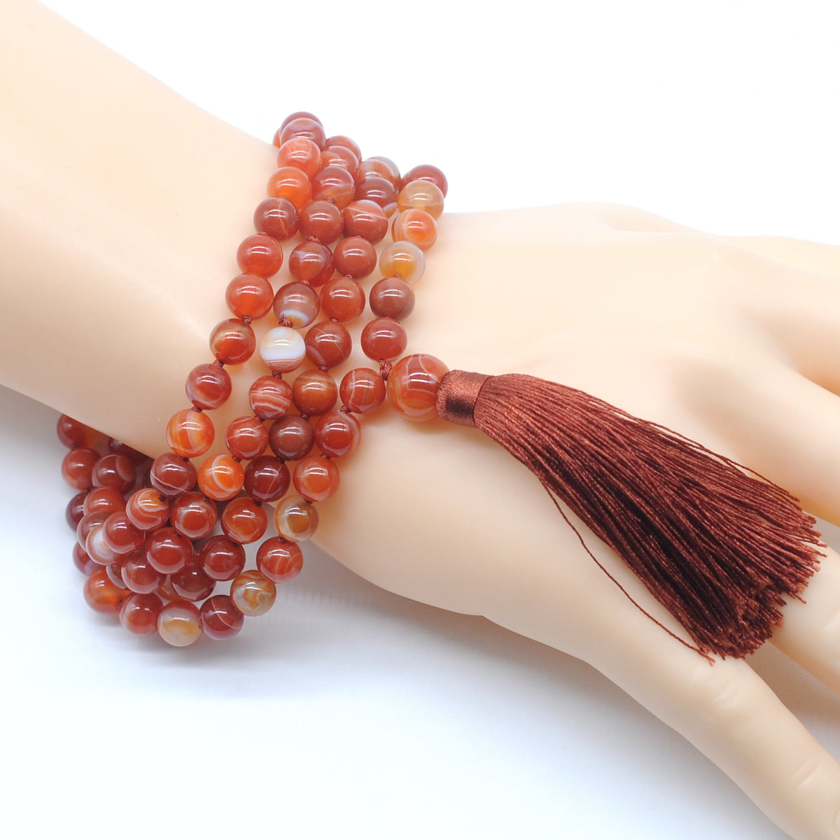 GMN121 Hand-Knotted Smooth Red Banded Agate 108 Beads Mala Necklace