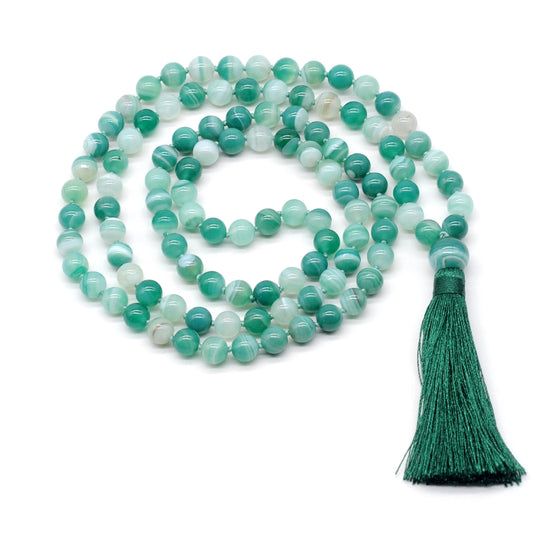 GMN122 Hand-Knotted Smooth Green Banded Agate 108 Beads Mala Necklace