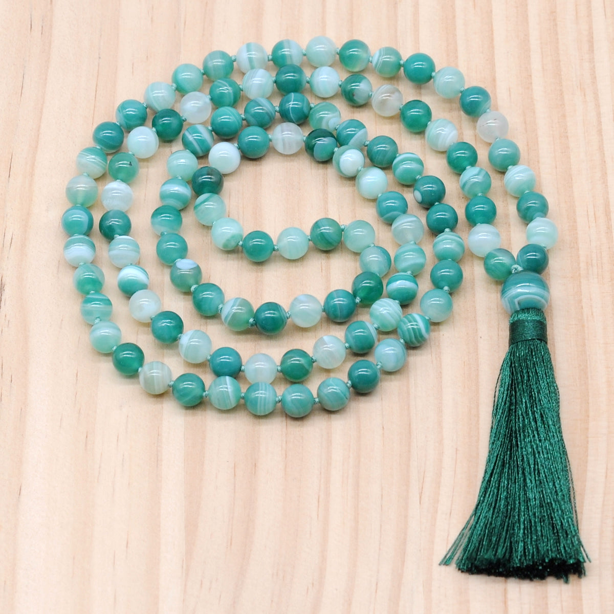 GMN122 Hand-Knotted Smooth Green Banded Agate 108 Beads Mala Necklace