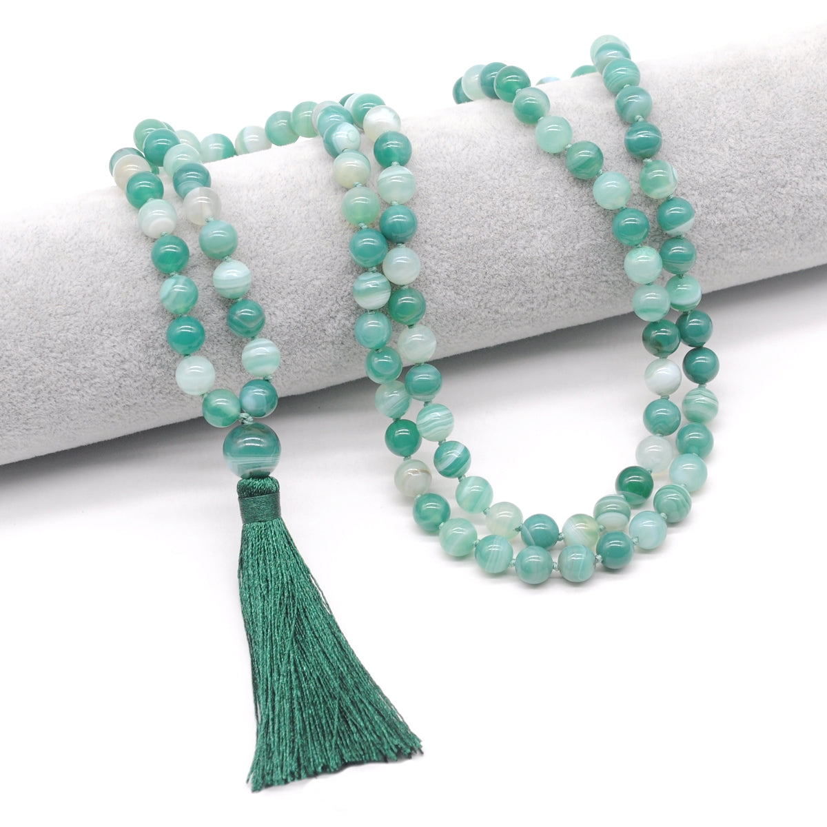 GMN122 Hand-Knotted Smooth Green Banded Agate 108 Beads Mala Necklace