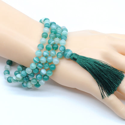 GMN122 Hand-Knotted Smooth Green Banded Agate 108 Beads Mala Necklace