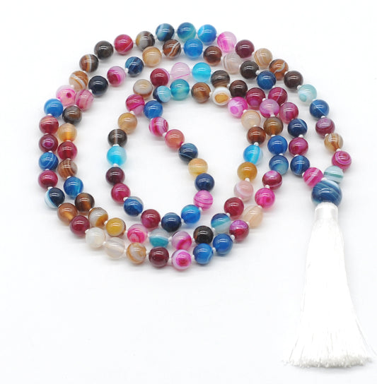 GMN123 Hand-Knotted Smooth Colorful Banded Agate 108 Beads Mala Necklace