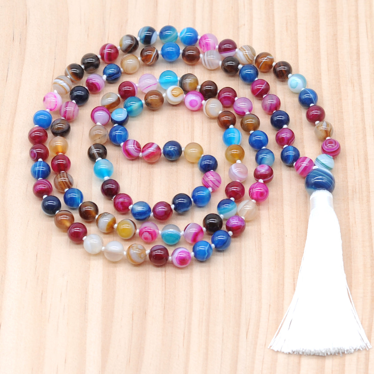 GMN123 Hand-Knotted Smooth Colorful Banded Agate 108 Beads Mala Necklace