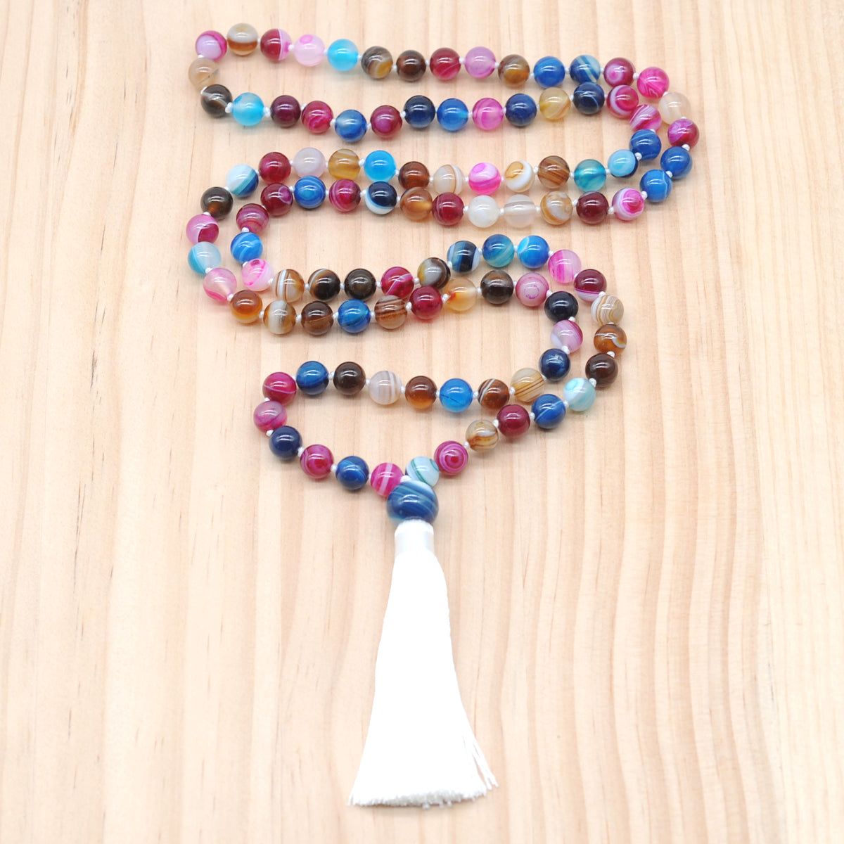 GMN123 Hand-Knotted Smooth Colorful Banded Agate 108 Beads Mala Necklace