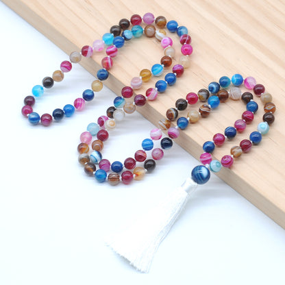 GMN123 Hand-Knotted Smooth Colorful Banded Agate 108 Beads Mala Necklace