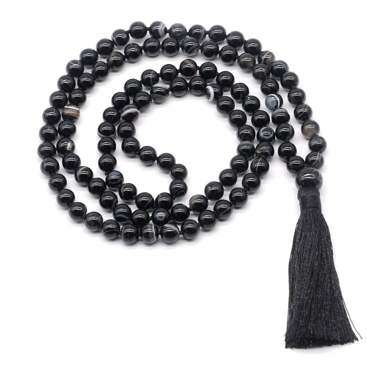 GMN124 Hand-Knotted Smooth Black Banded Agate 108 Beads Mala Necklace