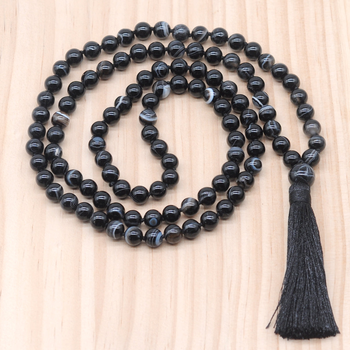 GMN124 Hand-Knotted Smooth Black Banded Agate 108 Beads Mala Necklace