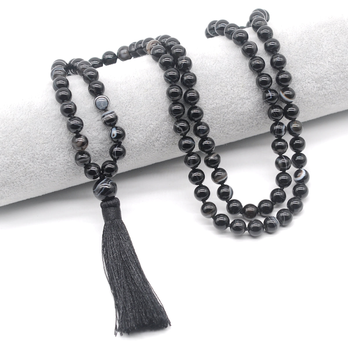 GMN124 Hand-Knotted Smooth Black Banded Agate 108 Beads Mala Necklace