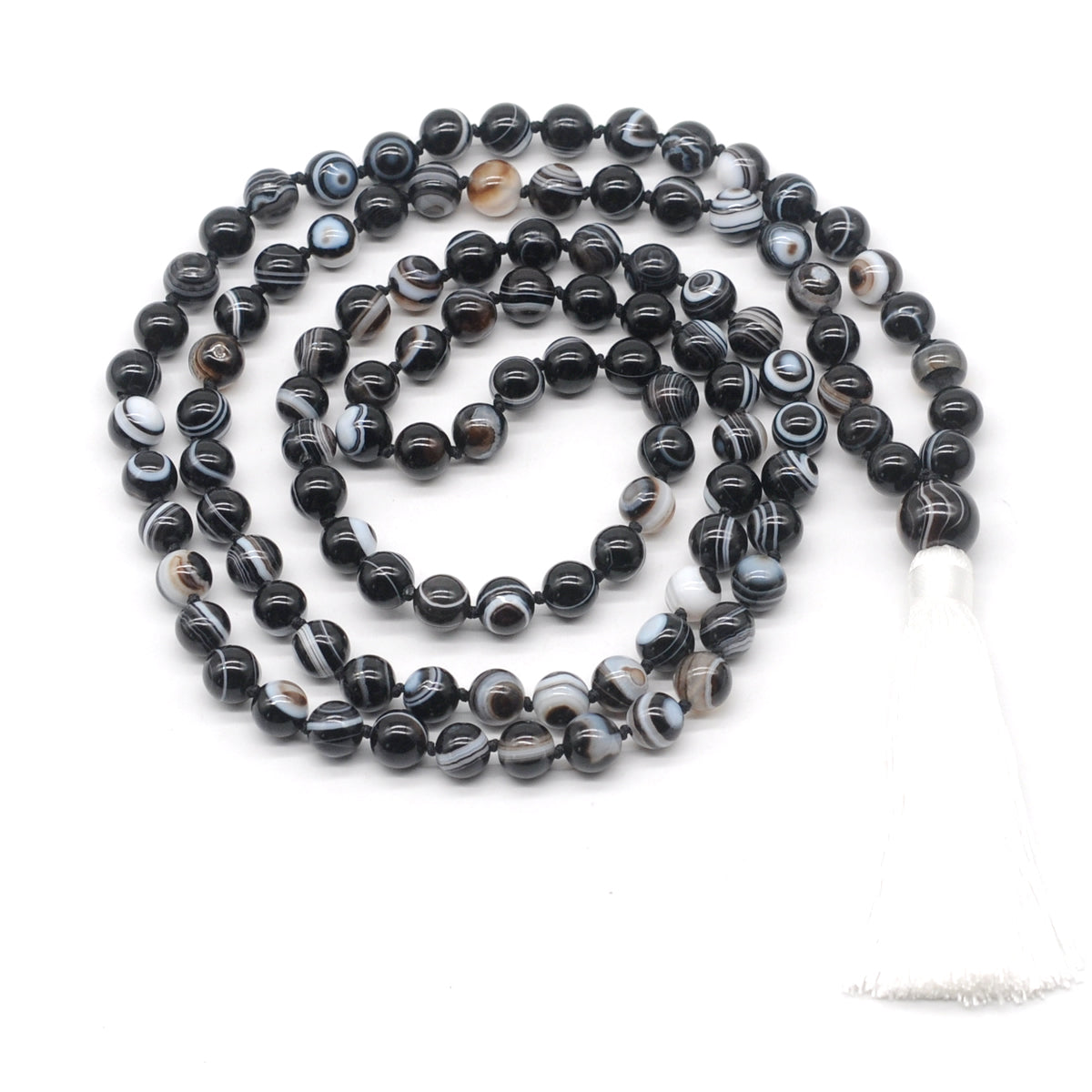 GMN125 Hand-Knotted Smooth Black Banded Agate 108 Beads Mala Necklace