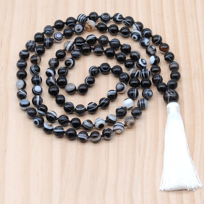 GMN125 Hand-Knotted Smooth Black Banded Agate 108 Beads Mala Necklace