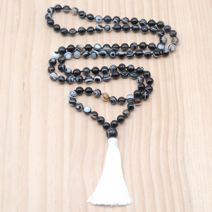 GMN125 Hand-Knotted Smooth Black Banded Agate 108 Beads Mala Necklace