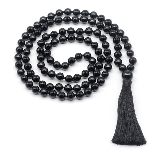 GMN126 Hand-Knotted Smooth Black Agate 108 Beads Mala Necklace