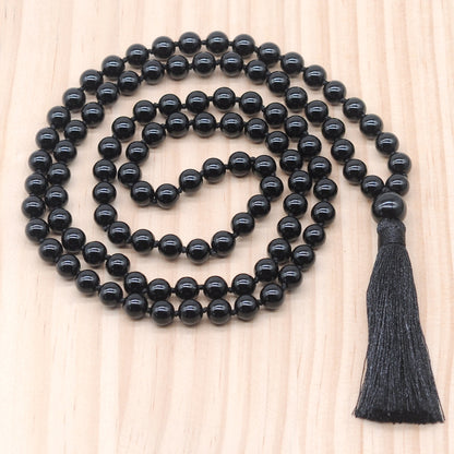 GMN126 Hand-Knotted Smooth Black Agate 108 Beads Mala Necklace