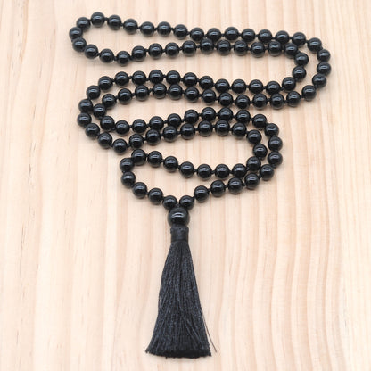 GMN126 Hand-Knotted Smooth Black Agate 108 Beads Mala Necklace