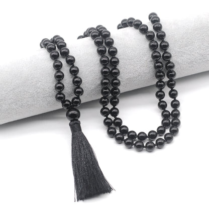 GMN126 Hand-Knotted Smooth Black Agate 108 Beads Mala Necklace