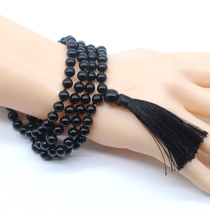 GMN126 Hand-Knotted Smooth Black Agate 108 Beads Mala Necklace