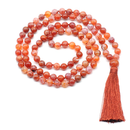 GMN128 Hand-Knotted Smooth Fire Agate 108 Beads Mala Necklace