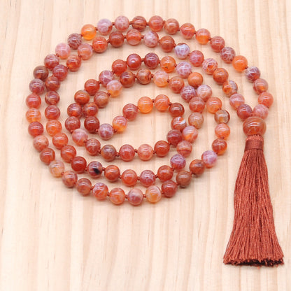 GMN128 Hand-Knotted Smooth Fire Agate 108 Beads Mala Necklace