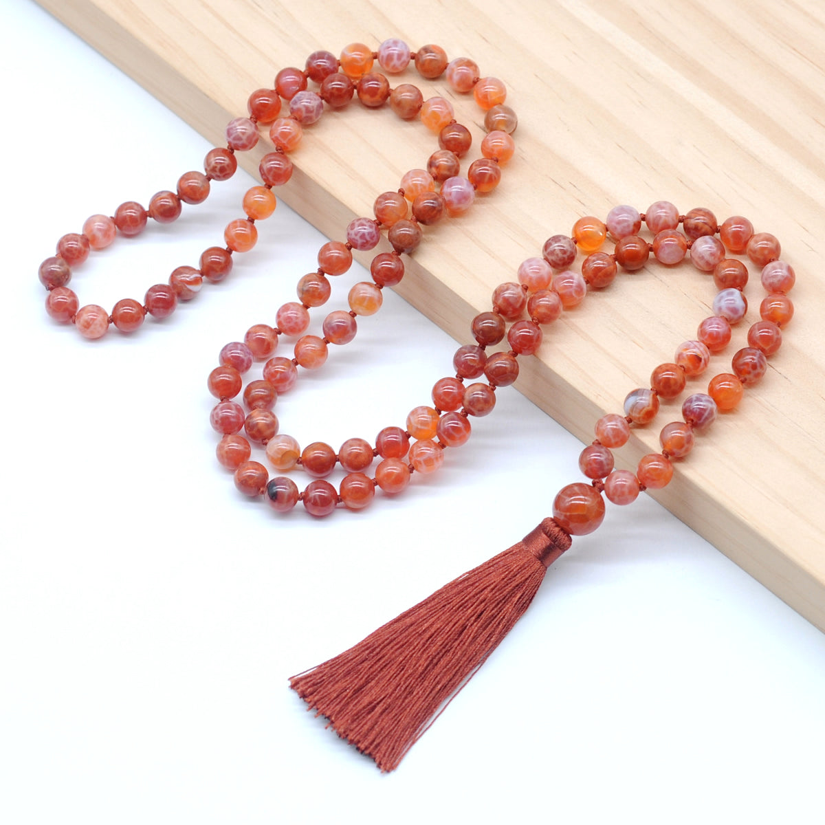 GMN128 Hand-Knotted Smooth Fire Agate 108 Beads Mala Necklace