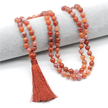 GMN128 Hand-Knotted Smooth Fire Agate 108 Beads Mala Necklace