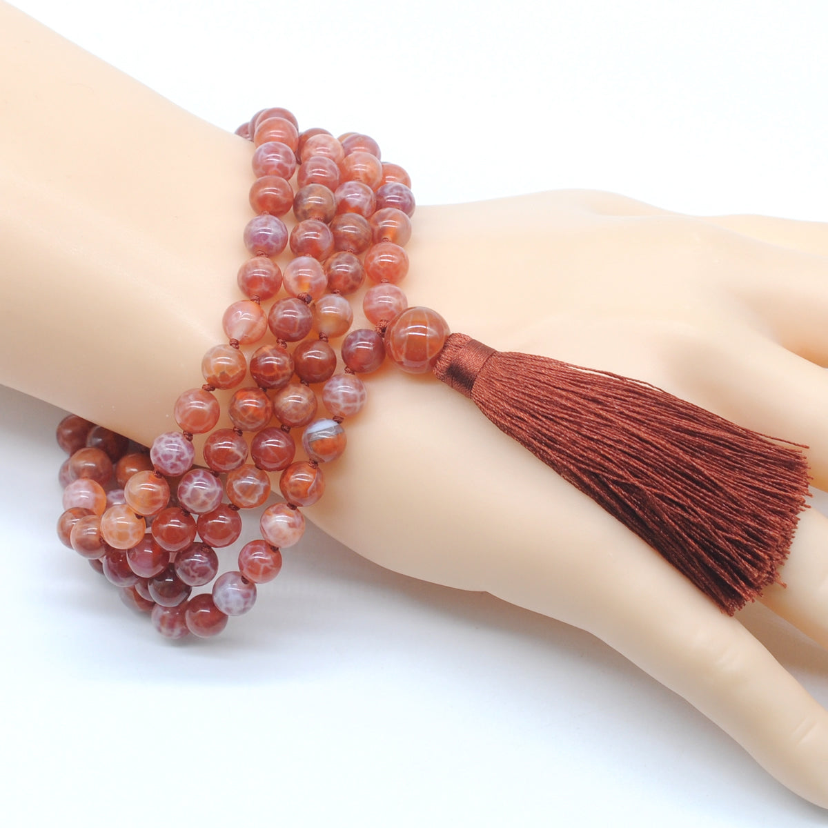 GMN128 Hand-Knotted Smooth Fire Agate 108 Beads Mala Necklace