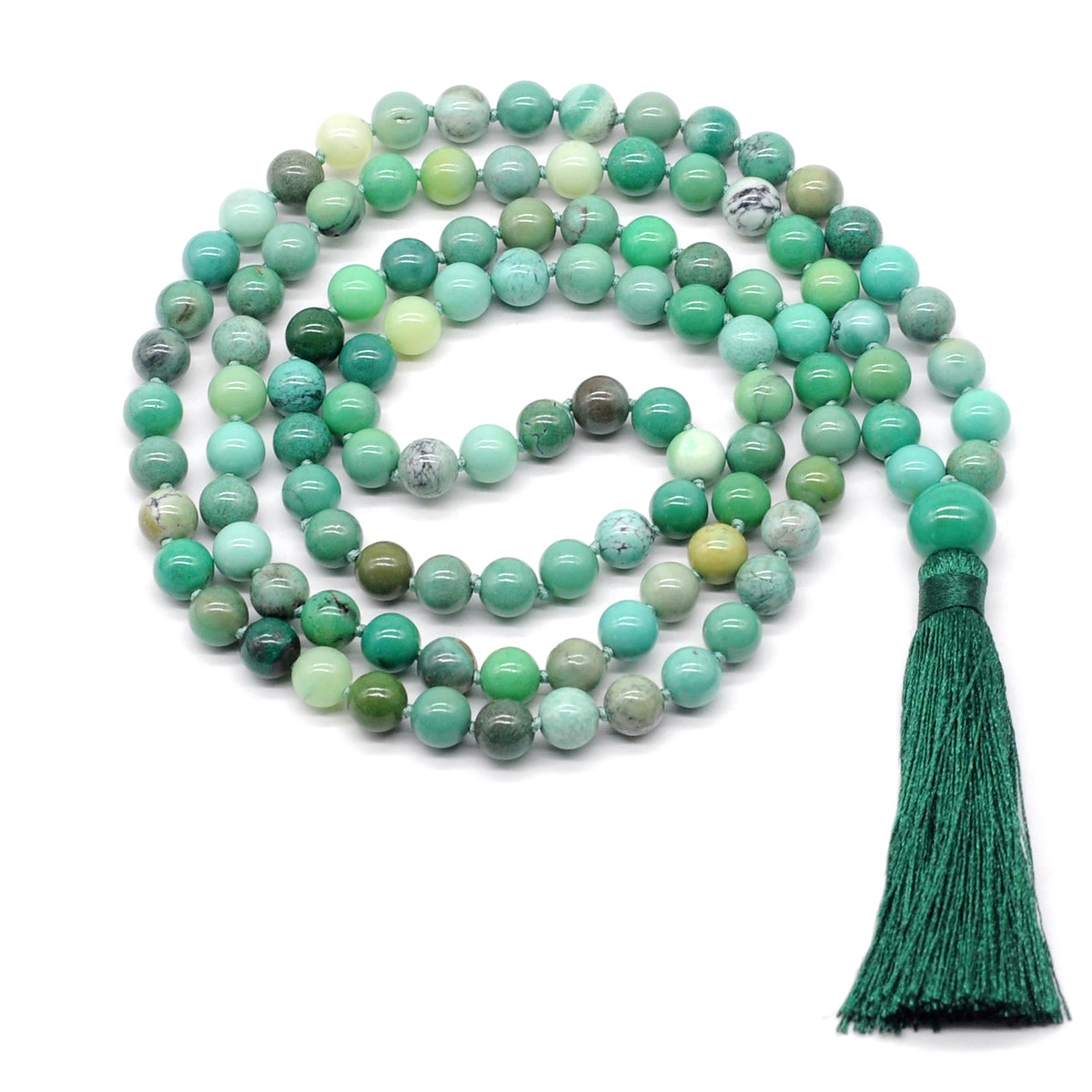 GMN130 Hand-Knotted Smooth Grass Agate 108 Beads Mala Necklace