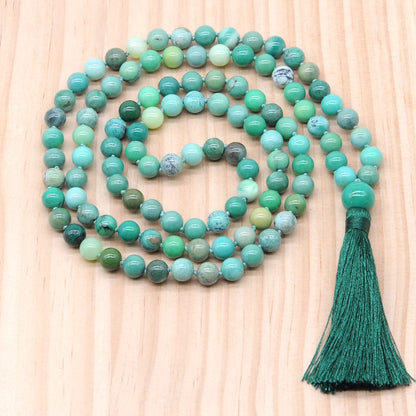 GMN130 Hand-Knotted Smooth Grass Agate 108 Beads Mala Necklace