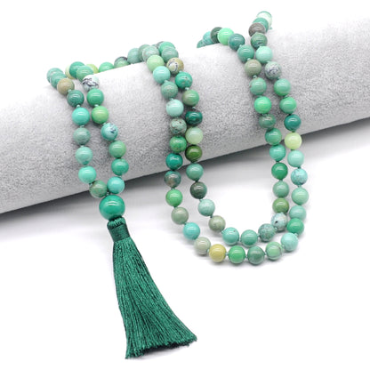 GMN130 Hand-Knotted Smooth Grass Agate 108 Beads Mala Necklace