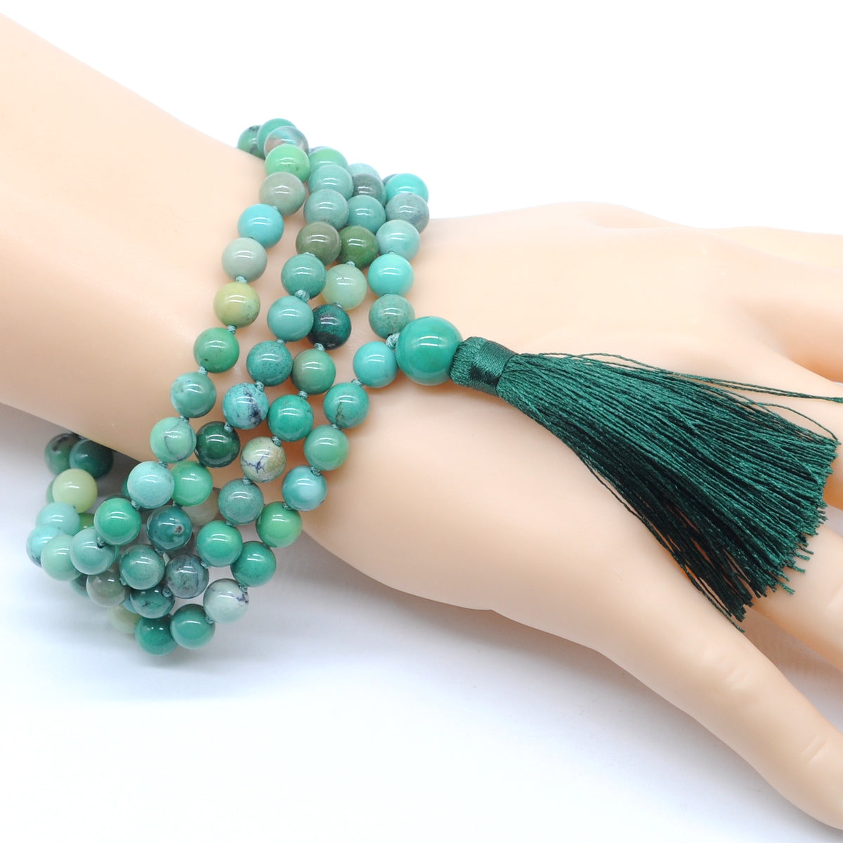 GMN130 Hand-Knotted Smooth Grass Agate 108 Beads Mala Necklace