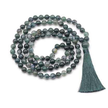 GMN131 Hand-Knotted Smooth Moss Agate 108 Beads Mala Necklace